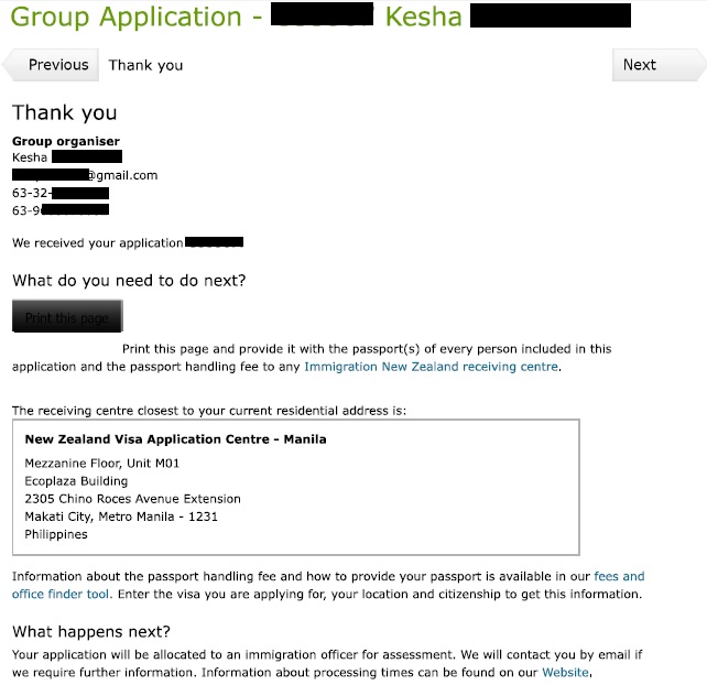 New Zealand Visitor Visa Application - Thank You page