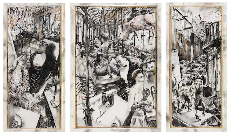 William Kentridge, The Conservationists Ball, 1985. Charcoal, coloured pastel and gouache on paper (triptych). 198.5 x 97.5 cm (left), 198.5 x 138.5 cm (centre), 198.5 x 97.5 cm (right).