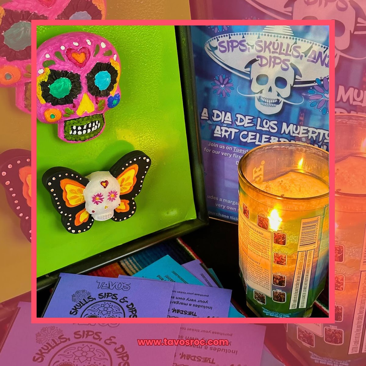 🎨💀 Last night's Sips, Skulls, and Dips was an absolute fiesta! 🌟✨ Our amigos painted these incredible skulls, and the fun's not over! 
It was such a blast that we're extending the creative madness until 11/4 (while supplies last!)
$45 gets you a ticket and you get to paint a skull, enjoy a margarita, and snack on some delicious Pico De Gallo! Join us in embracing the artistic spirit the next time you come in!