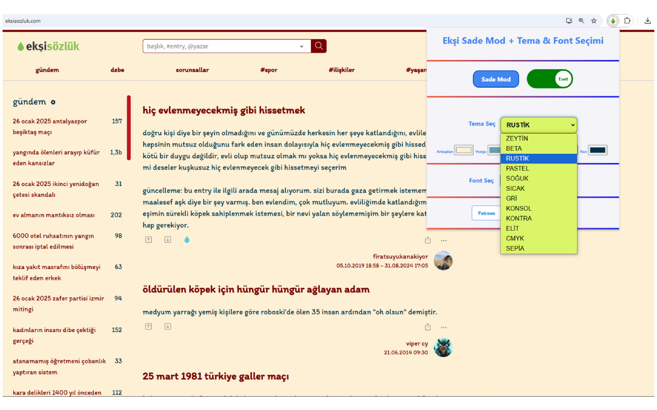 Ekşi Sade Mod + Tema & Font Seçimi Chrome Extension Image 3