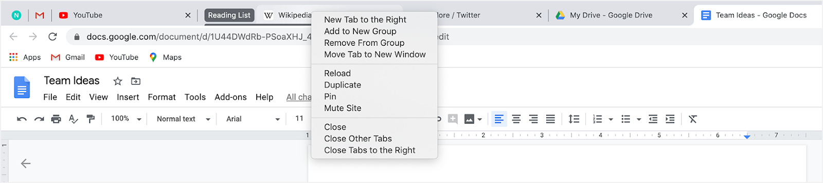 Browser screenshot of right-click menu option that adds new tab to the right