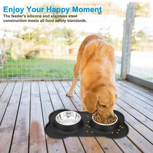 Antislip Double Dog Bowl With Silicone Mat Durable Stainless Steel Water Food Feeder Pet Feeding Drinking Bowls for Dogs