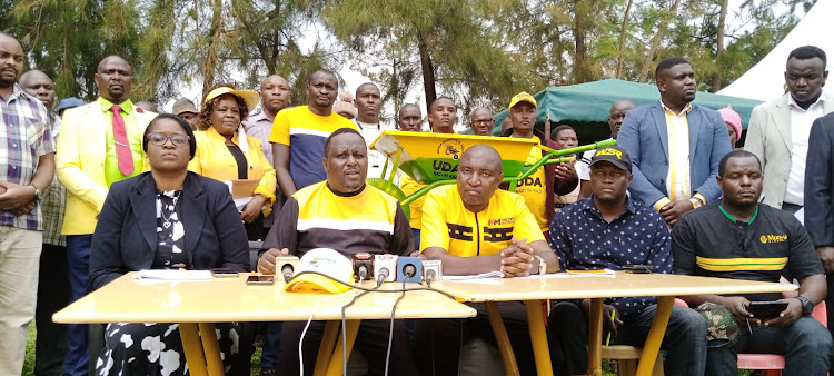 Kirinyaga non-elected aspirants'forum's chairperson Njogu Barua addressing the local press in Sagana