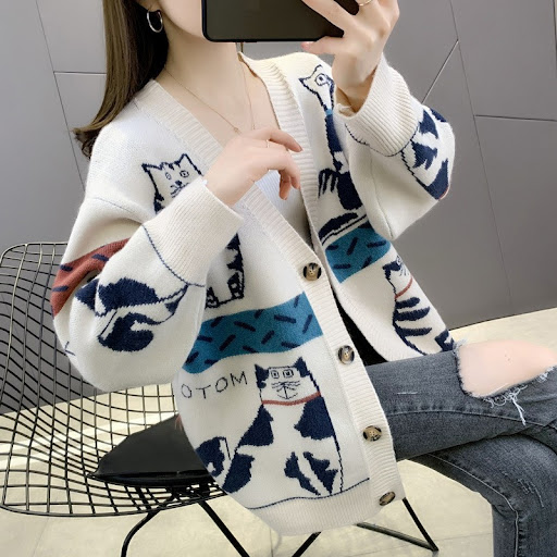 Title 11, Womens Cartoon Cat Contrast Color Sweater Coat...