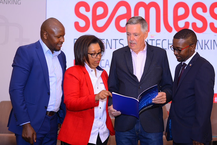 Interswitch Kenya head of sales Daniel Kiriungi, Country manager Kenya Romana Rajput, Payments Innovation Jury chairman John Chaplin and Interswitch Uganda country manager Peter Kawumi during the release of the Payments Innovation Jury 2022 Report.