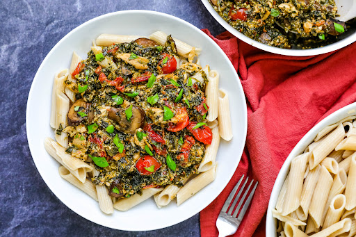 Chicken Margherita With Sun-Dried Tomato Vinaigrette over penne.