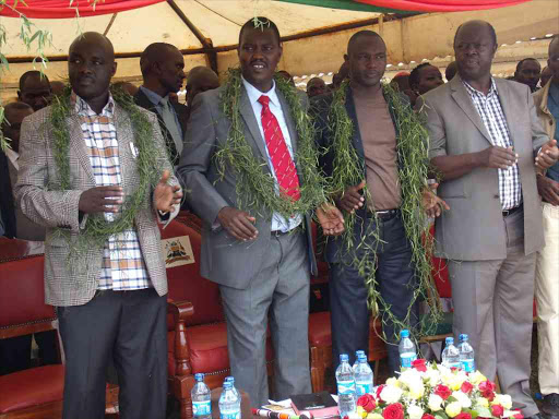 Governors SImon Kachapin (West Pokot) and Jackson Mandago (Uasin Gishu), Uasin Gishu Senator Isaac Melly and Trans Nzoia Governor Patrick Khaemba during prayers for DP William Ruto in Eldoret last week / MATHEWS NDANYI`