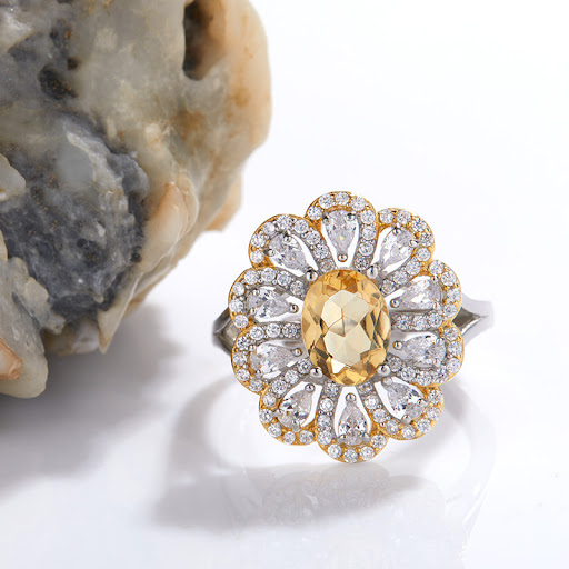 Title 3, S925 Sterling Silver Inlaid Natural Citrine Flo...