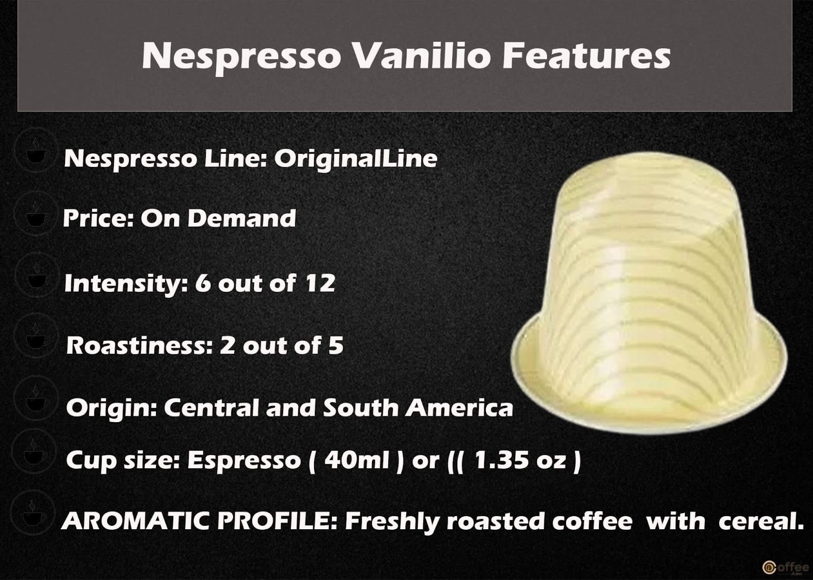 Features Chart of Nespresso Vanilio Original Line Capsule.