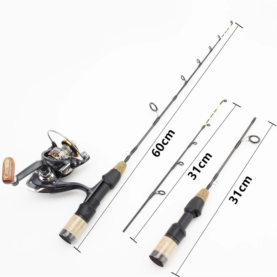 Kit de pesca no gelo com ponta dupla, carretilha de spinning e vara para pesca de inverno. Pesque com facilidade e eficiência.