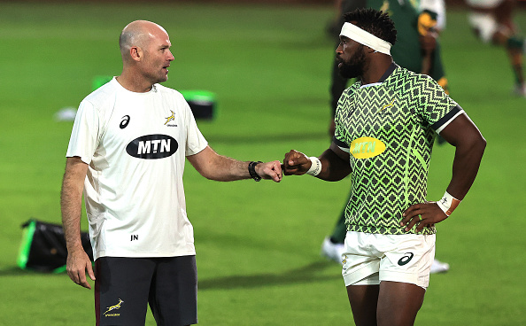 Springboks coach Jacques Nienaber (L) and his captain Siya Kolisi will lead the three-week training camp in Cape Town to start preparations for the World Cup.