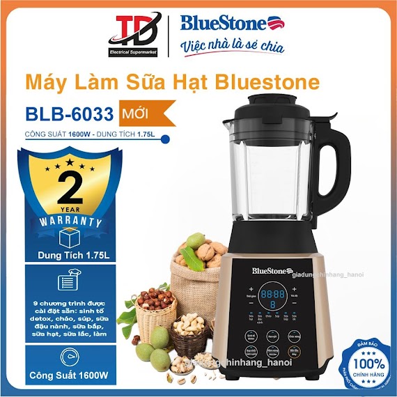 Máy Làm Sữa Hạt & Xay Nấu Đa Năng Bluestone Blb - 6033, Cối Thủy Tinh Borosilicate 1.75L - 9 Chức Năng Công Suất 1600W, Hàng Chính Hãng