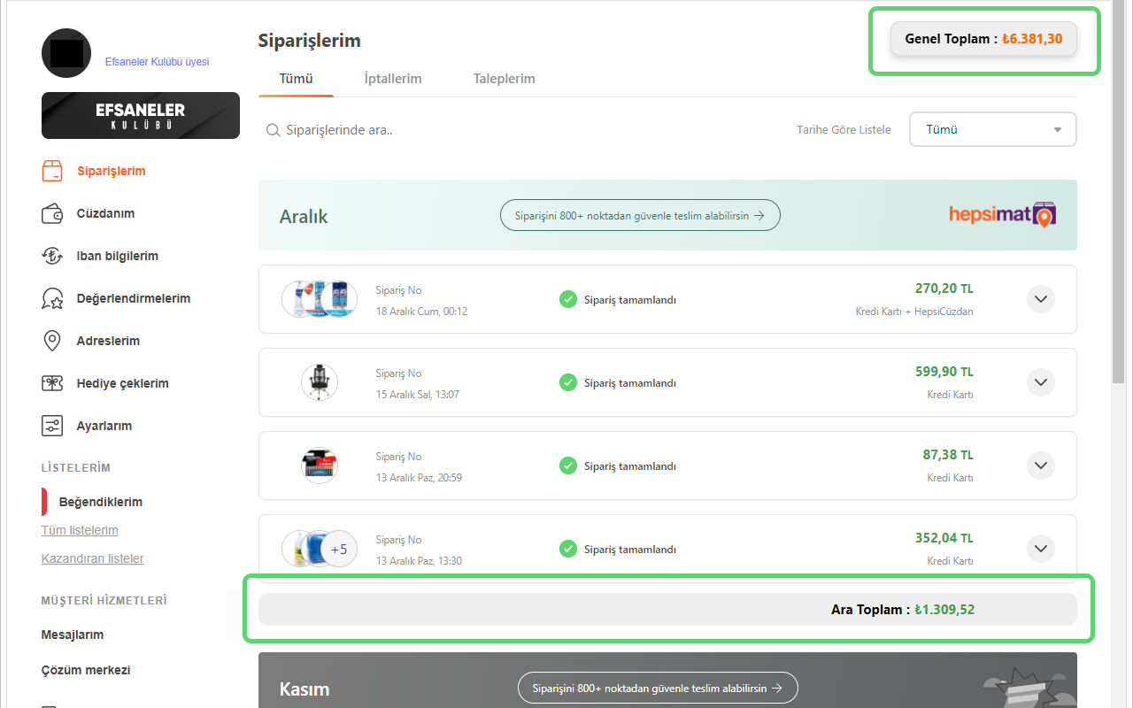 Hepsiburada.com Tüm Siparişler Toplamı Preview image 0