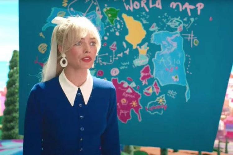 Margot Robbie as Barbie in the eponymous movie in front of the offending map. Picture: TRAILER SCREENSHOT/PARAMOUNT