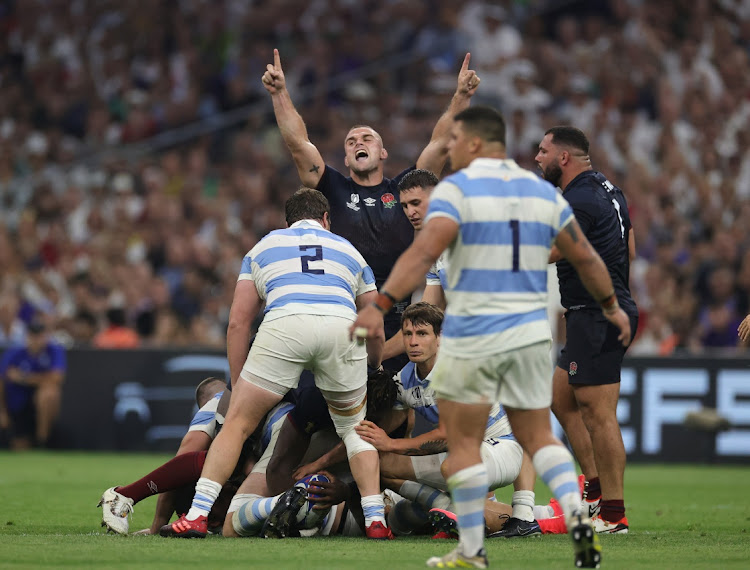 Ben Earl of England celebrates with team mates after winning a penalty during the Rugby World Cup France 2023 Group D match on Saturday