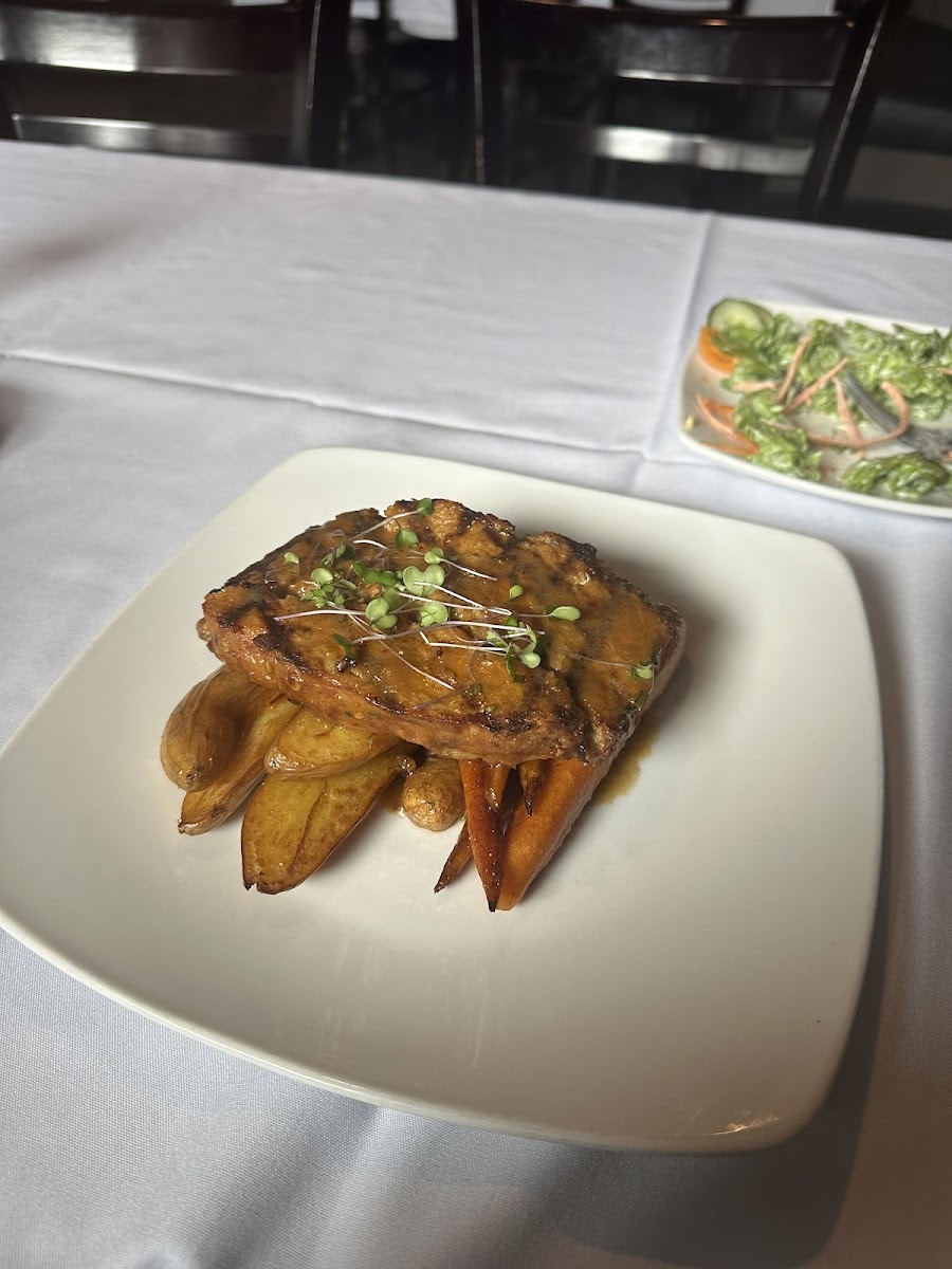 Meatloaf, fingerlings, and cooked carrots