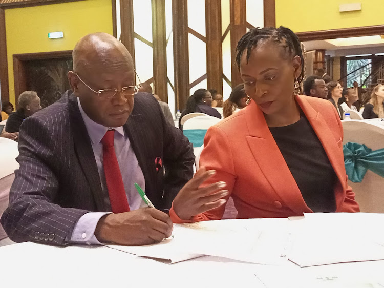 Kenya Principal Investigator and lead researcher at PMA Peter Gichangi and the lead data management unit at the International Centre for Reproductive Health Kenya (ICRHK) Mary Thiongo during the release of findings on October 5, 2023