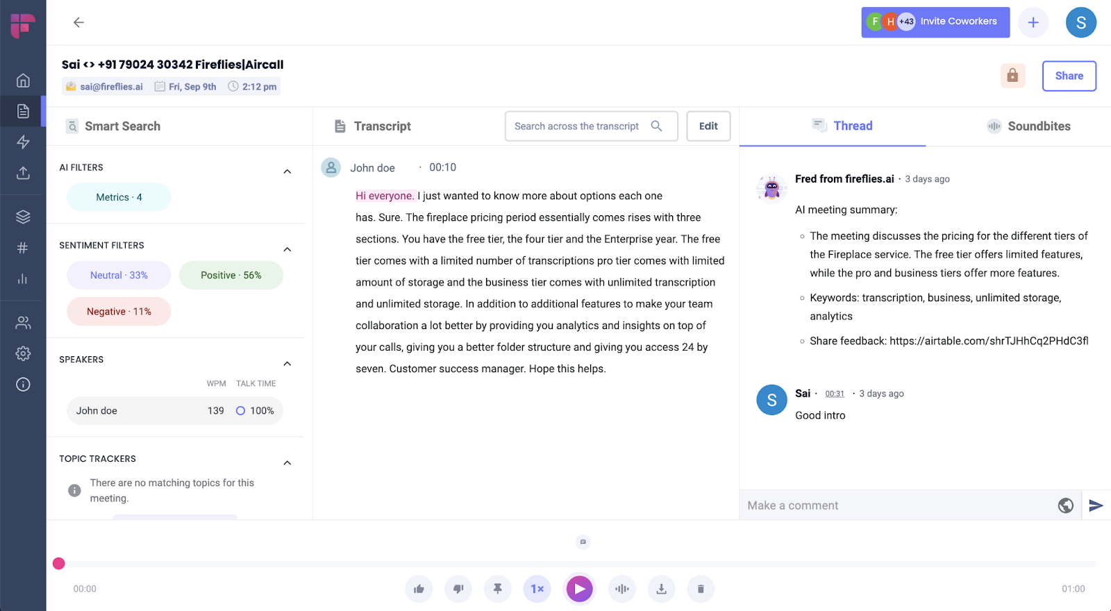 Aircall call transcription in Fireflies