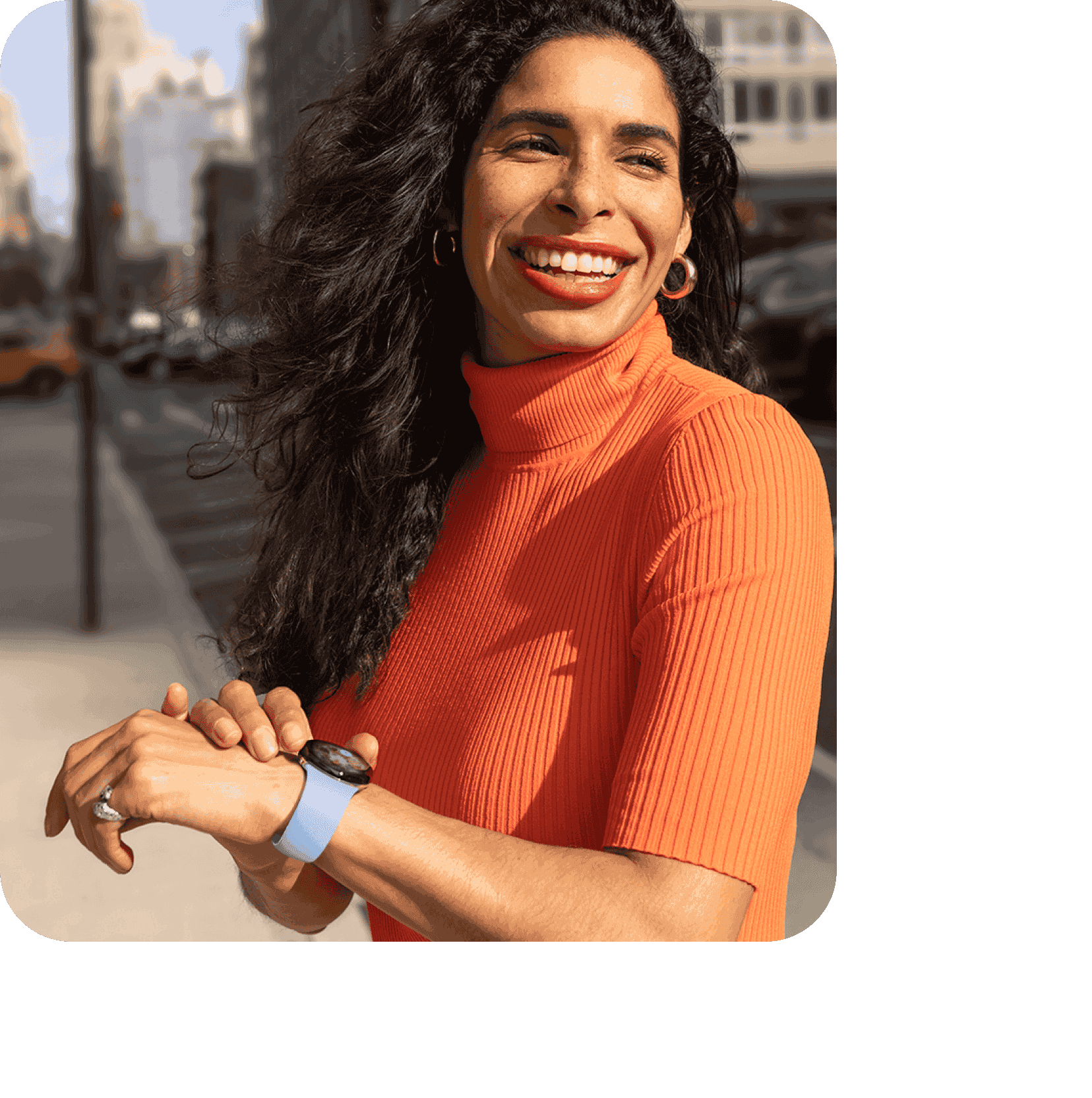 Woman seeing her Nest Doorbell feed on her Pixel Watch with the Google Home app