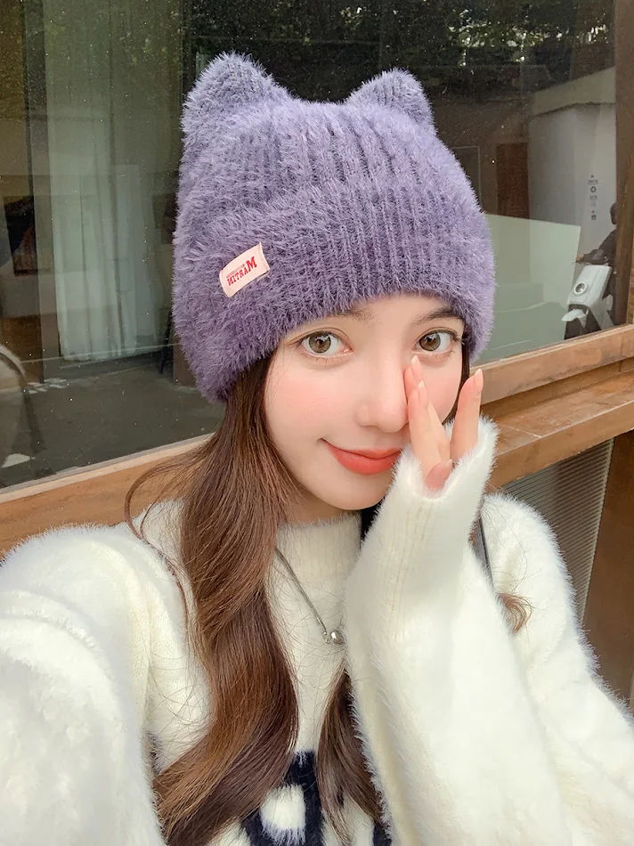 Winter Mink Cat Ears Pluche Meisjesmuts Warme gehoorbescherming Gebreide muts