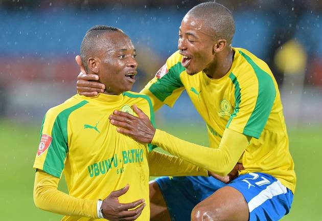 Khama Billiat celebrates with his goal with Thapelo Morena during the Absa Premiership match between Mamelodi Sundowns and SuperSport United at Loftus Versfeld Stadium on April 13, 2017 in Pretoria, South Africa.