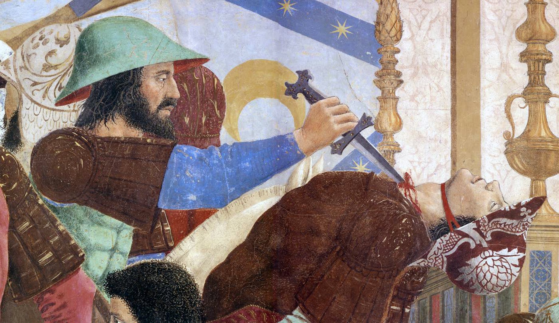 Piero della Francesca, Le Storie della Vera Croce, Battaglia di Eraclio e Cosroè, (particolare, un soldato vicino al trono lancia il pugnale alla gola di un altro), Basilica di San Francesco, Arezzo
