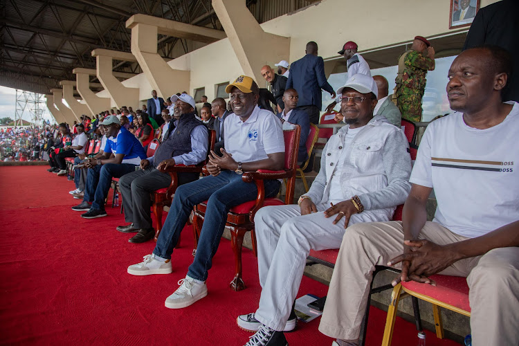 Prime Cabinet Secretary CS Musalia Mudavadi, President William Ruto, Sports CS Ababu Namwamba and Kisii Governor Simba Arati during AFC Leopards' 60th Anniversary celebrations at Nyayo Stadium, Nairobi on March 24, 2024.