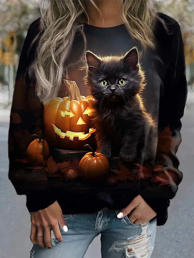 Pull imprimé citrouille d'Halloween pour femme Col rond Vêtement d'automne et d'hiver Confort et style pour les fêtes et célébrations