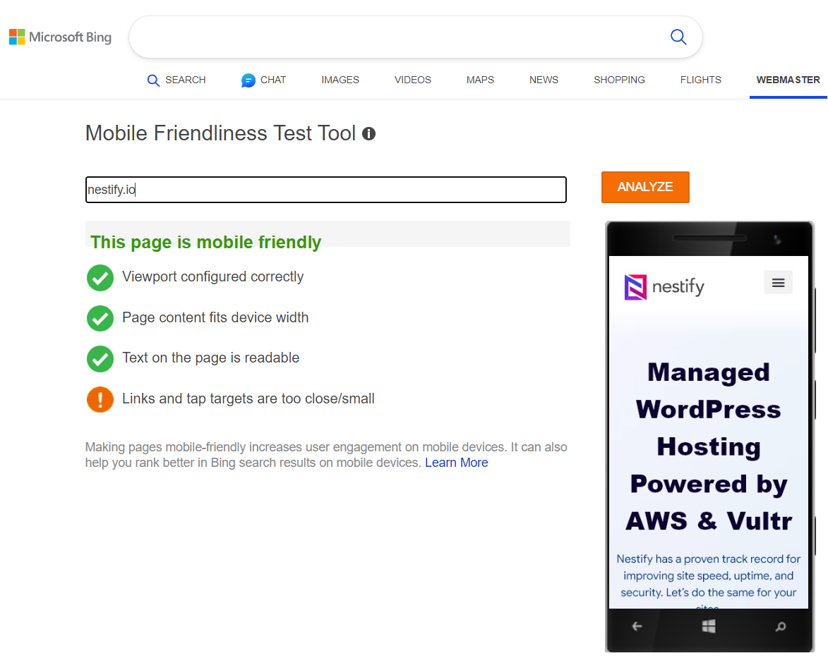 mobile friendly test by bing