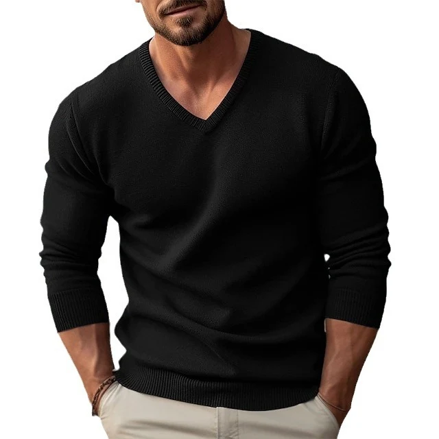 Suéter masculino de malha fino, gola V, manga longa, corte slim fit, ideal para outono inverno, perfeito para um visual elegante.