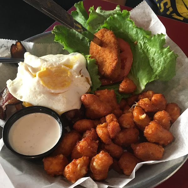 Hangover burger on pretzel bun (not GF) and spicy curds (not GF) --> but eaten up fast!