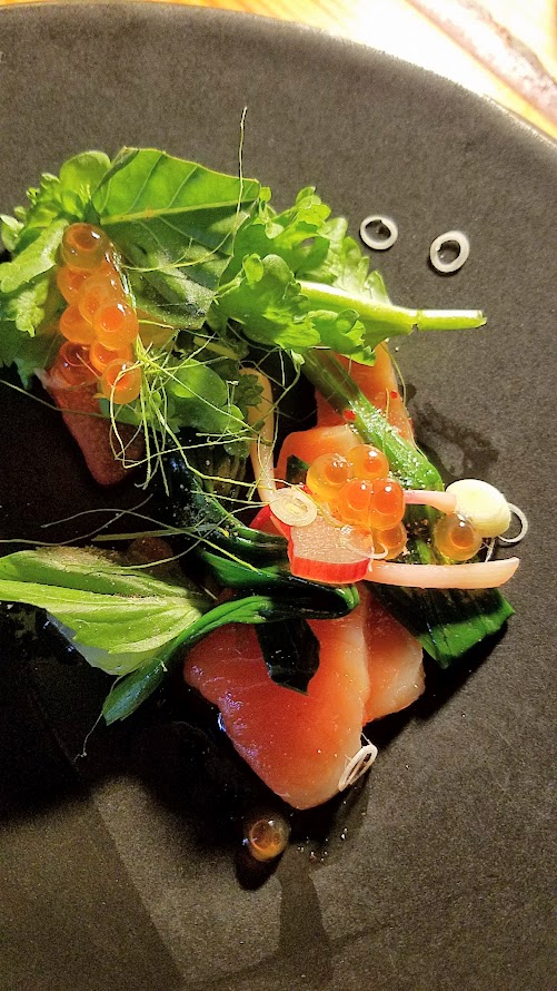 Journey of a Dinner at LangBaan with their May 2017 Tour of Thailand menu: Pra plaa salmon, a dish of Central style cured salmon, rhubarb, ramps, garden cress, ikura, toasted rice