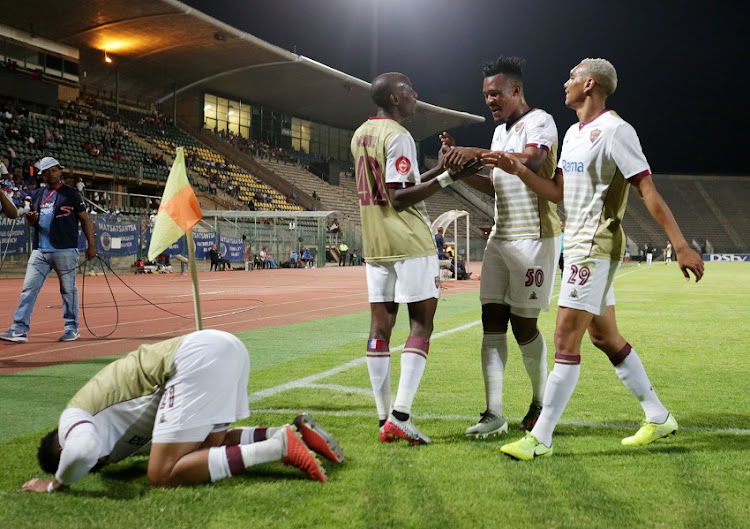 Wassem Isaacs of Stellenbosch FC celebrates goal with teammates during the Absa Premiership 2019/20 match between Supersport United and Stellenbosch FC at Lucas Moripe Stadium, Pretoria, on 30 November 2019.
