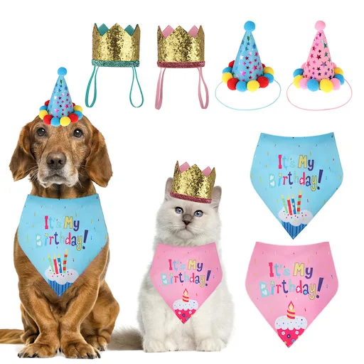 Cute Pet Birthday Caps/Bibs Sequin Design Headwear Cap Hat Cat DogBandana Scarf Birthday Costume Pets Decor Accessories