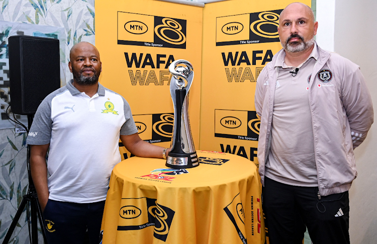 Mamelodi Sundowns assistant coach Manqoba Mngqithi (left) and Orlando Pirates assistant coach Sergio Almenara during the joint press conference at Lime Rooftop Umhlanga on October 05, 2023.