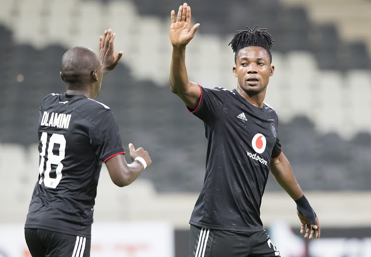 Kwame Peprah and Kabelo Dlamini of Orlando Pirates at Mbombela Stadium on Sunday. Picture: DIRK KOTZE/BACKPAGEPIX