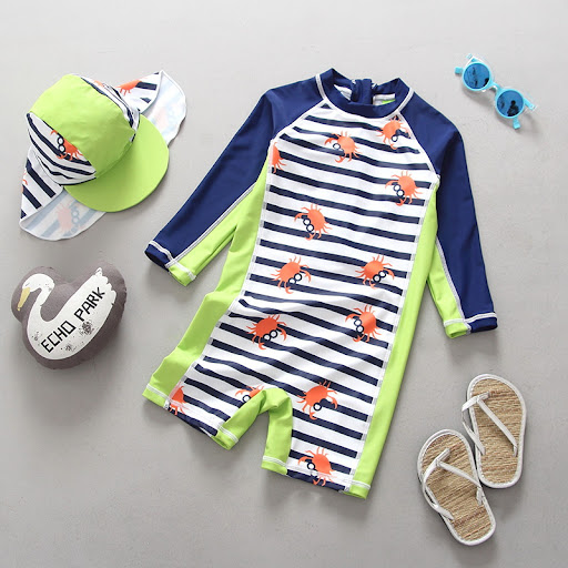 Title 5, Navy Striped Swimsuit Boys Surf Suit Set. Provi...