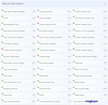 Cafe Hideout menu 