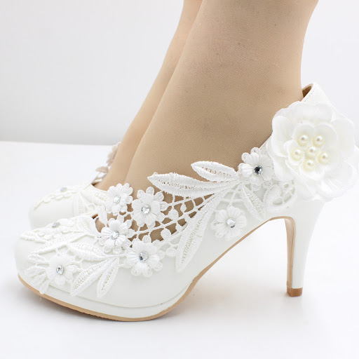 Title 3, White Matte Lace Flower Wedding Stiletto Heels,...
