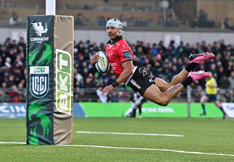 Edwill van der Merwe of the Lions dives over to score his side's third try in their United Rugby Championship match against Connacht at The Sportsground in Galway, Ireland on Saturday.