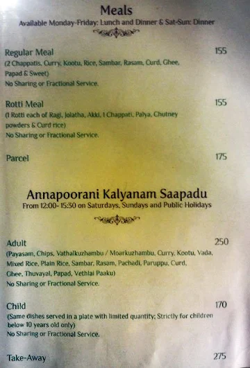 Annapoorani - Truly South Indian menu 