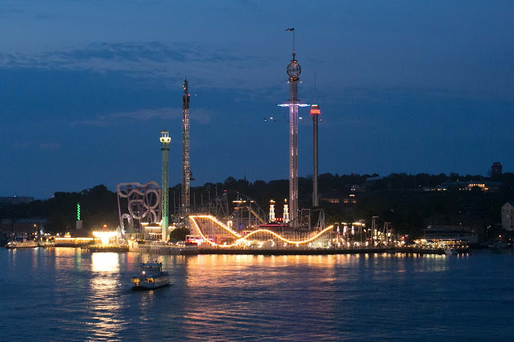  Gröna Lund, a seaside amusement park on Stockholm’s Djurgården Island, at nightfall.