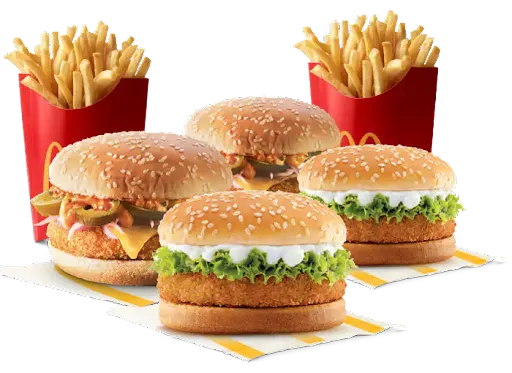 2 McVeggie Burger + 2 Corn & Cheese Burger + 2 Fries (L)