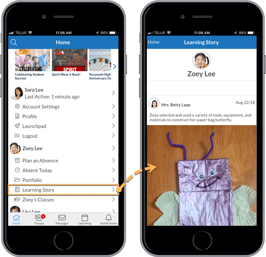 A mobile parent page is shown with a yellow box surrounding the words Learning Story. A yellow arrow shows a mobile view of the student's learning story.