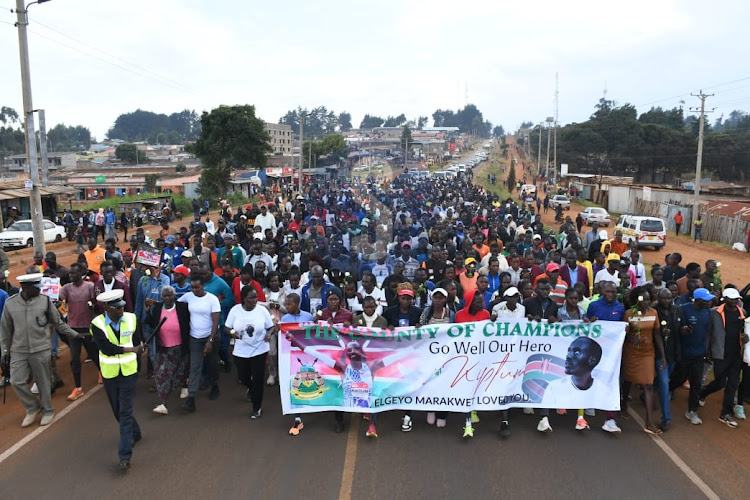 Procession by athletes in Iten town held to honour World Marathon record holder the late Kelvin Kiptum on February 20, 2024