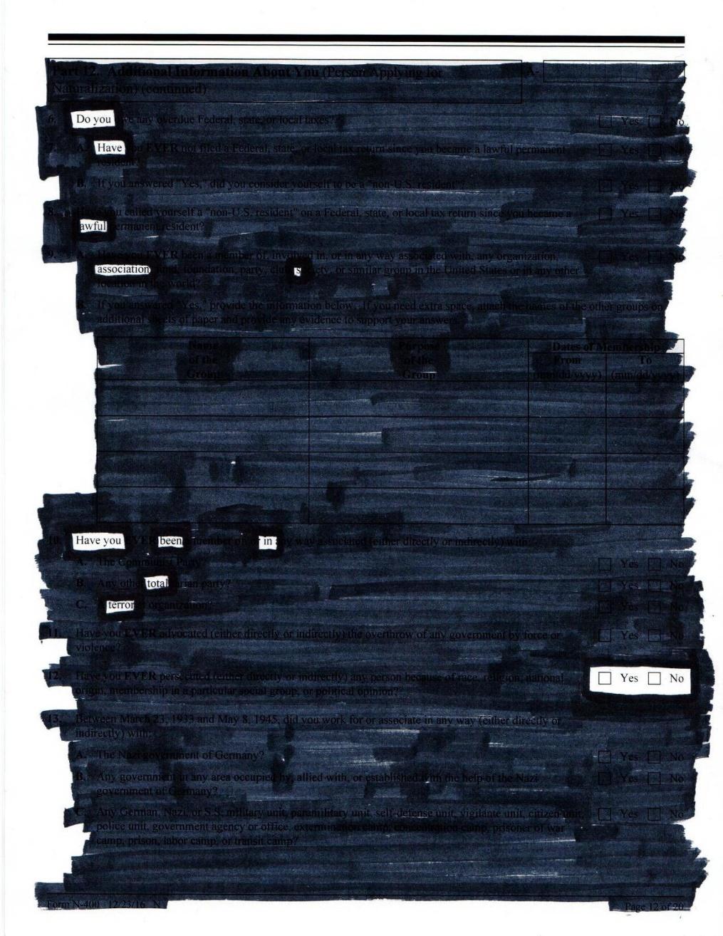 Blackout poem, with the words 'Do you have awful associations. Have you been in total terror. Yes No' surrounded by blacked out text.