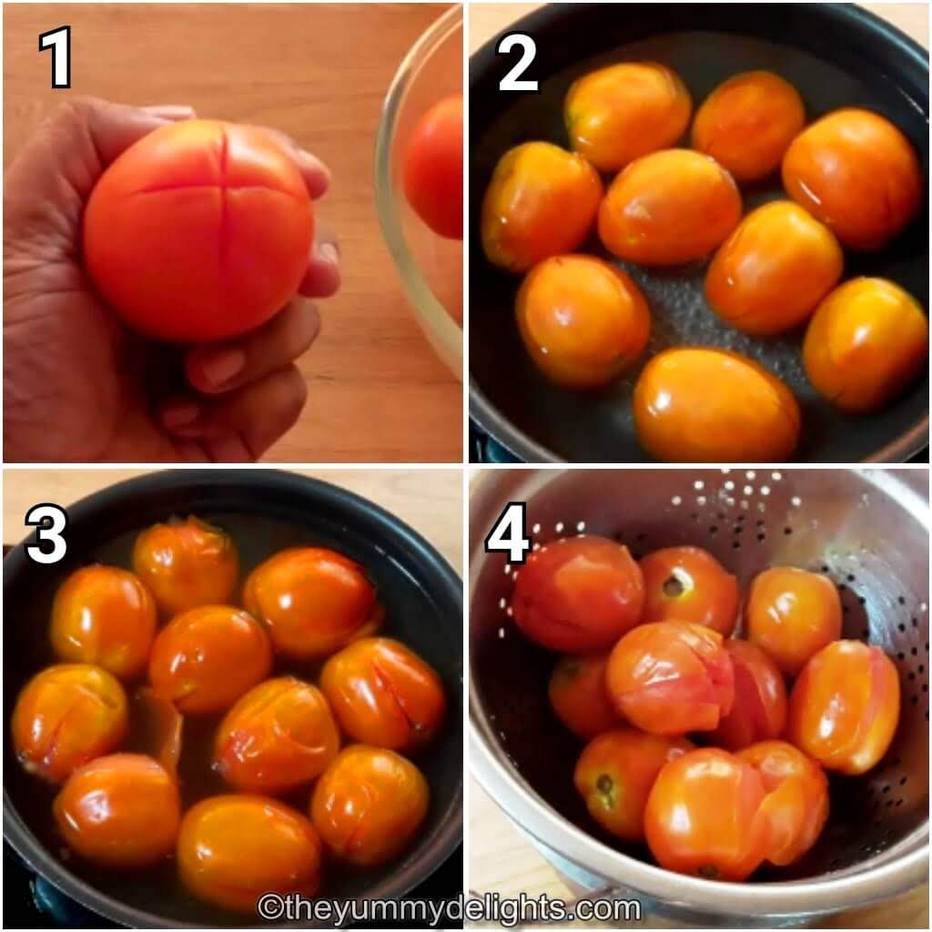 step by step collage of blanching the tomatoes