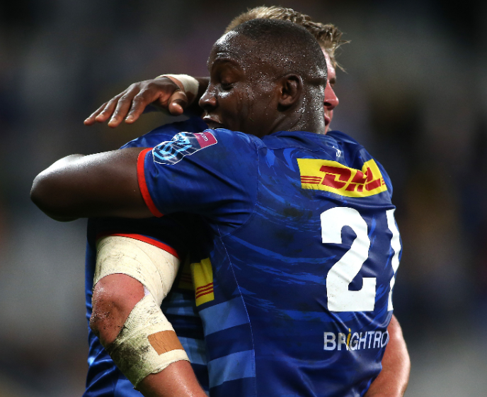 Ernst van Rhyn and Nama Xaba celebrate after the Stormers beat Edinburgh to reach the semifinals stage of the United Rugby Championship (URC).