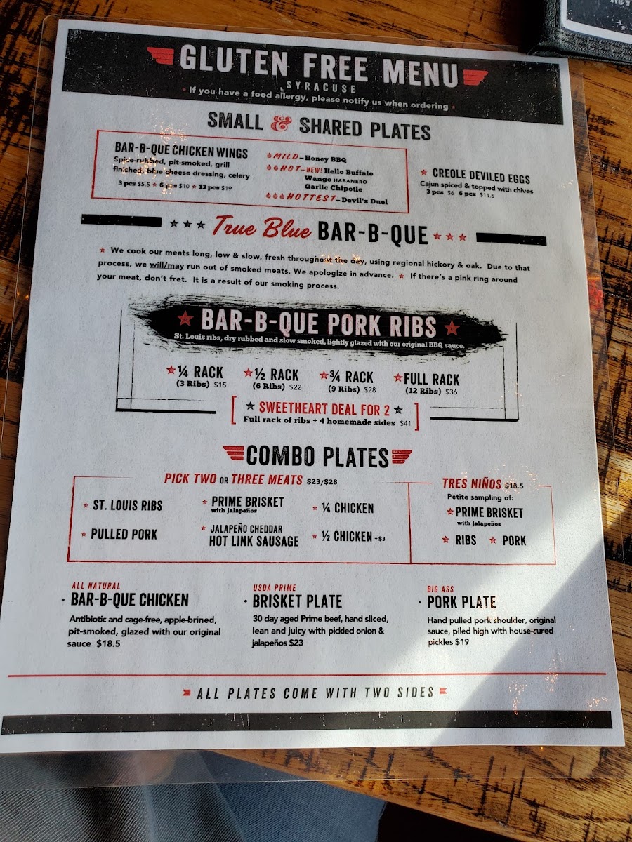 Dinosaur BBQ gluten-free menu