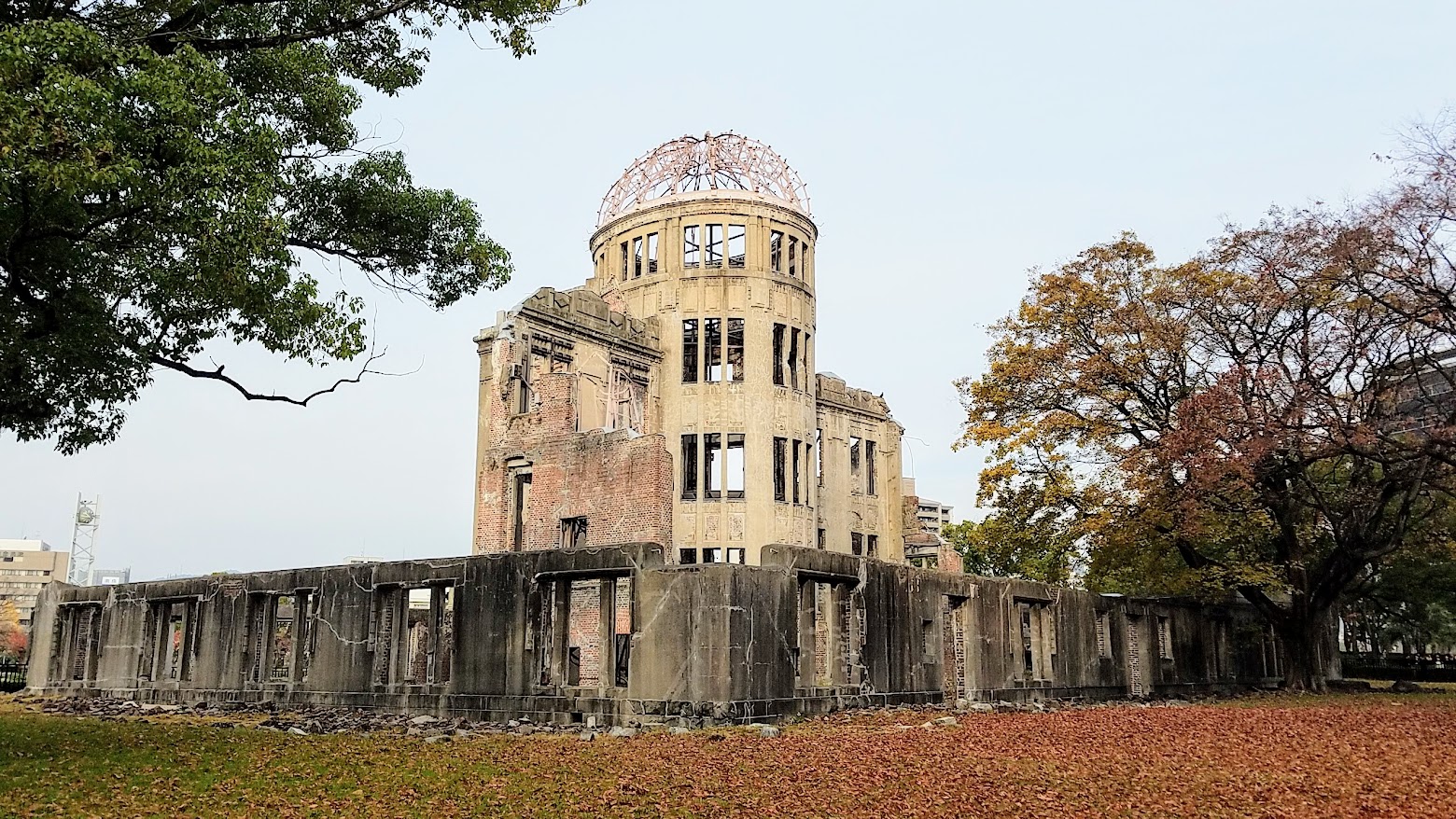 View of the Atomic Bone Dome, which was then the Hiroshima Prefectural Industry Promotion Building, Hiroshima Japan. The Hiroshima Peace Memorial Park is one of the free things to do in Hiroshima